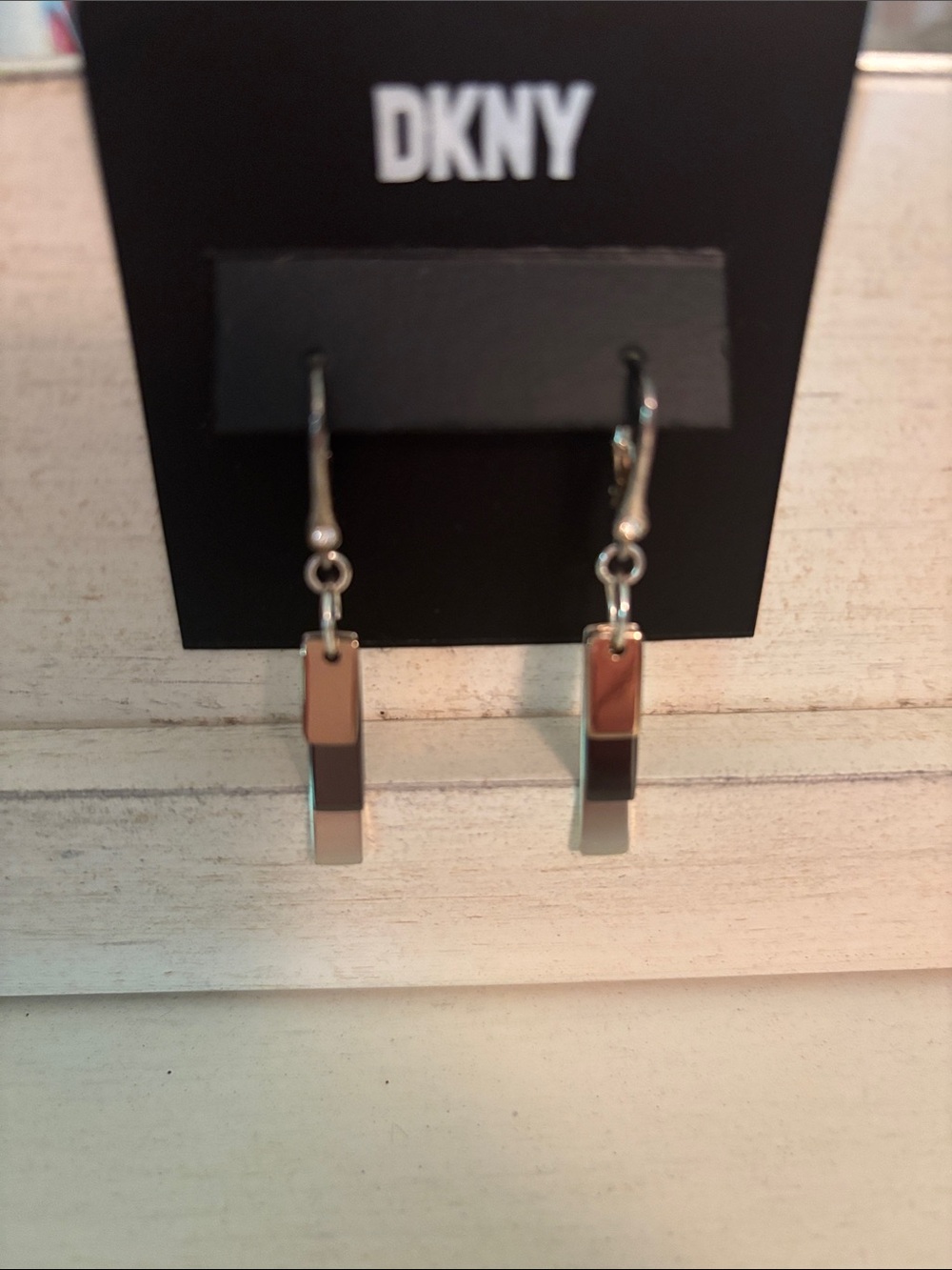 DKNY Silver Bar Drop Earrings - Polished Metallic Finish